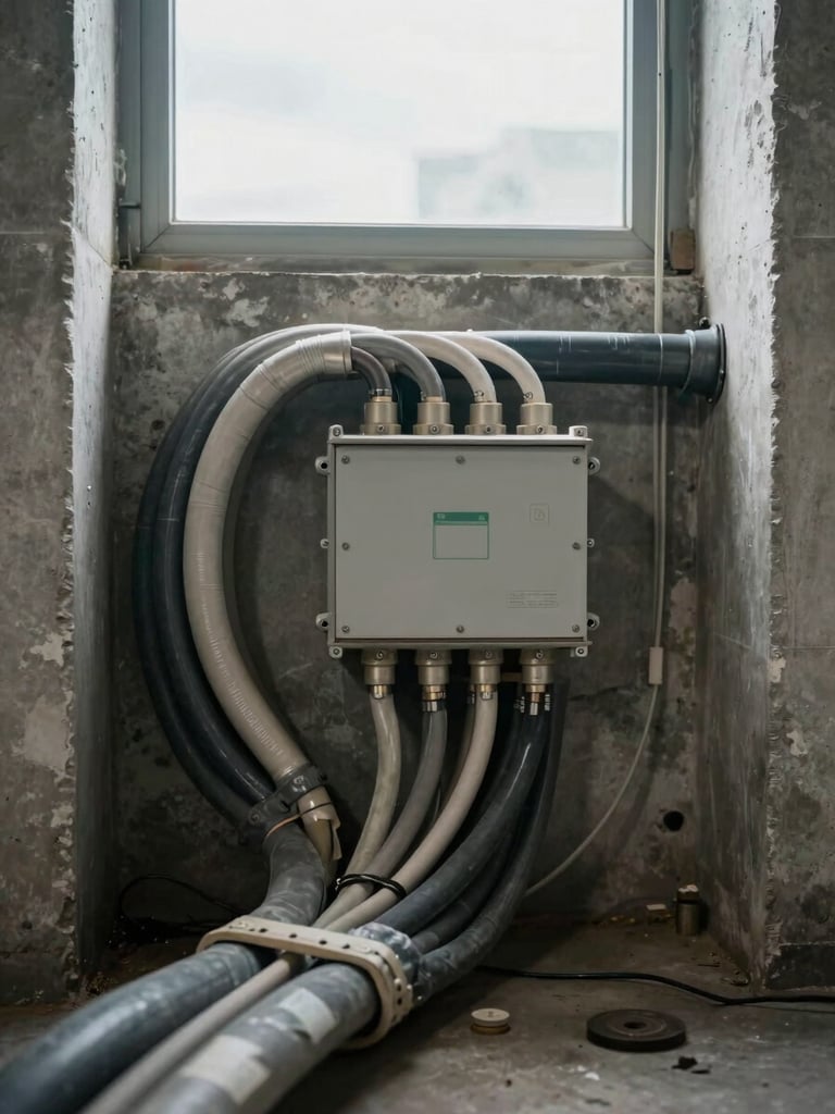 Tightly framed view of conduit runs and cable trays inside a commercial electrical room, bundles of armored cable routed to a junction box, overcast daylight from a high window, unpainted concrete walls