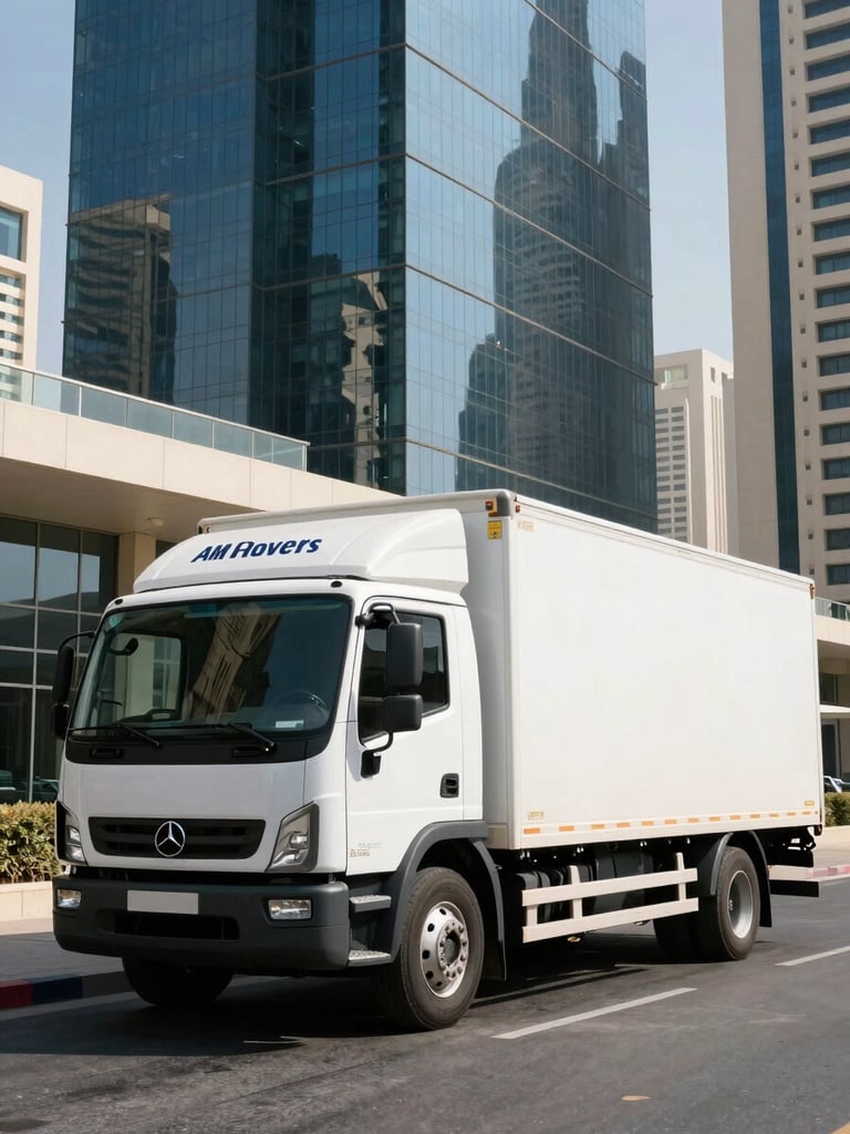 A spotless, branded AM Movers truck parked outside a modern glass skyscraper in Abu Dhabi during crisp desert daylight, sharp architectural shadows.