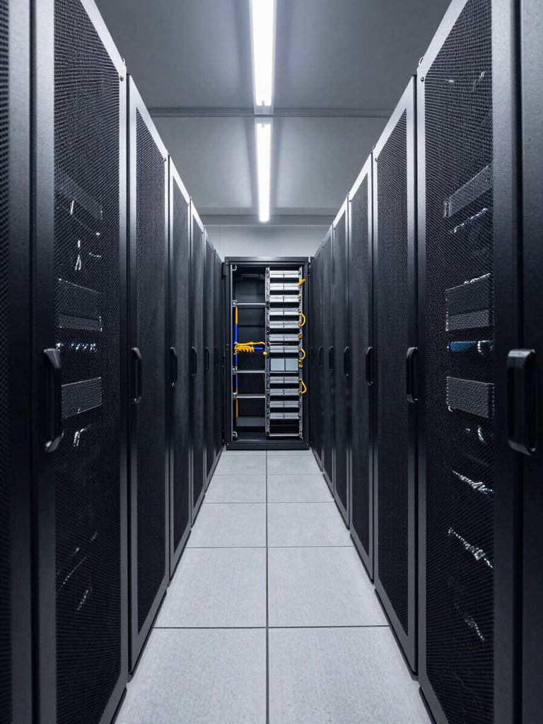Wide shot from the end of a narrow aisle inside a high-density data center, rows of black server racks receding into the distance under bright overhead LED strips, clinical white light casting hard shadows on cable management panels, tight framing emphasizing depth and density, no people