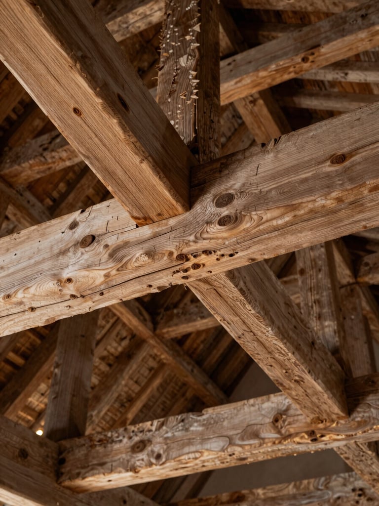 Tight close-up of ancient hand-hewn oak roof timbers in a historic barn or cathedral, overhead industrial studio strobe revealing grain texture and centuries of patina, clinical precision framing with no people and no fire — the raw structural material under analytical light