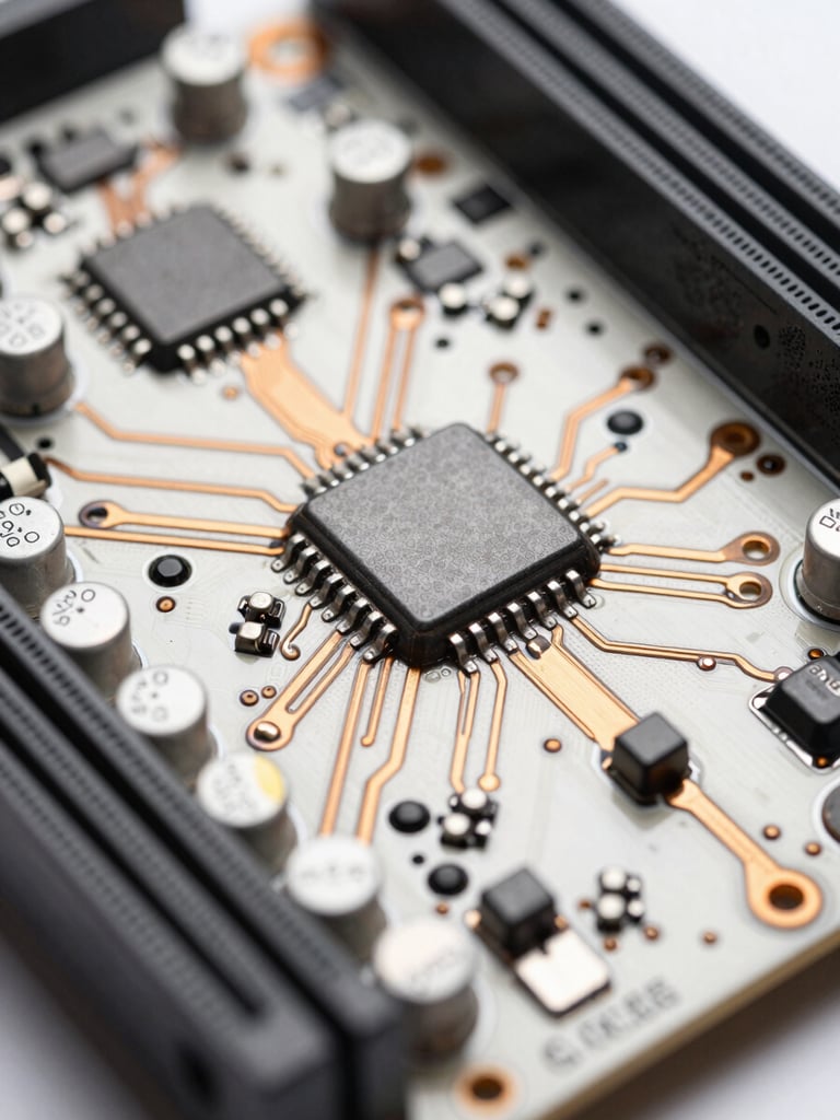 Extreme close-up of a server motherboard circuit board under bright studio strobe lighting, copper traces and capacitors in sharp focus, clean white light revealing surface texture and precision manufacturing detail, no text or labels visible