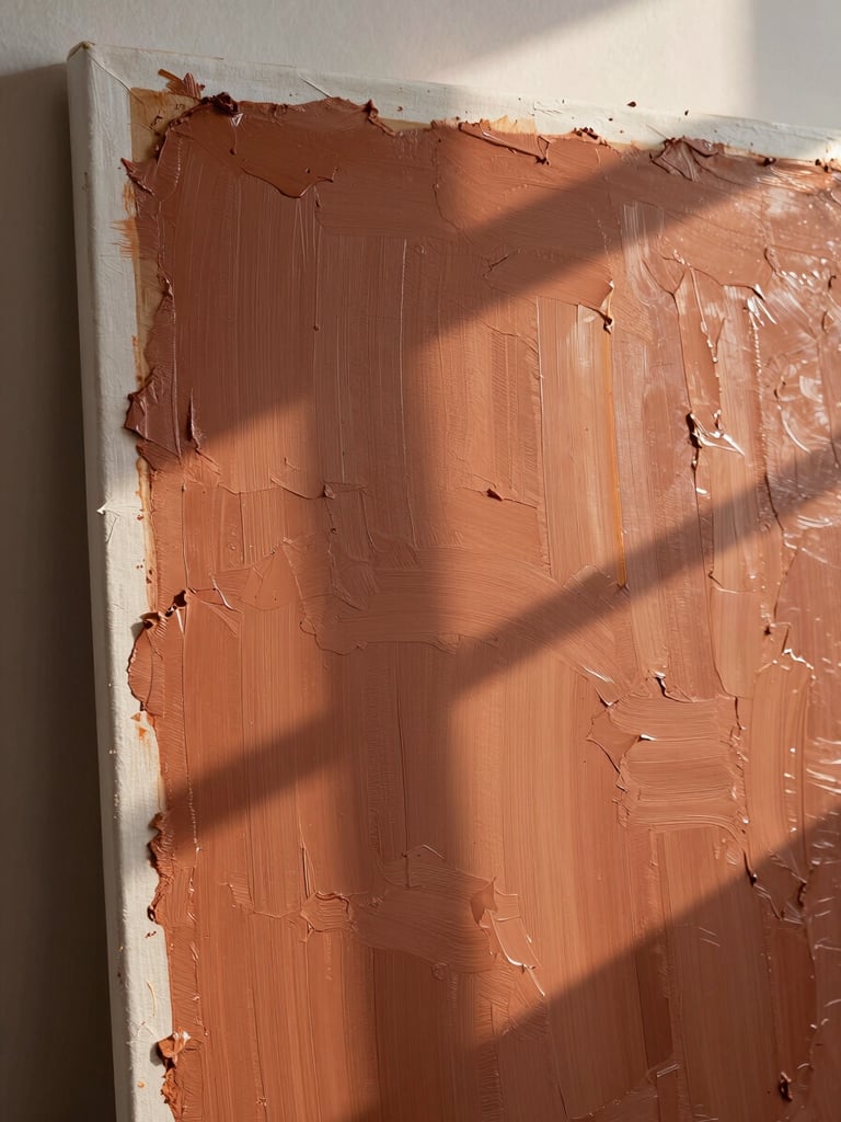 Close-up portrait-format shot of a large canvas leaning against a studio wall, warm afternoon light raking across thick oil pigment ridges, raw linen edges visible at the top, terracotta and earth tones dominating the composition