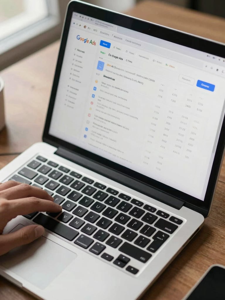 Overhead tight crop of a laptop screen displaying a live Google Ads dashboard with CTR and conversion data clearly visible, natural office daylight from the left, a hand resting at the keyboard edge, no branding visible on screen