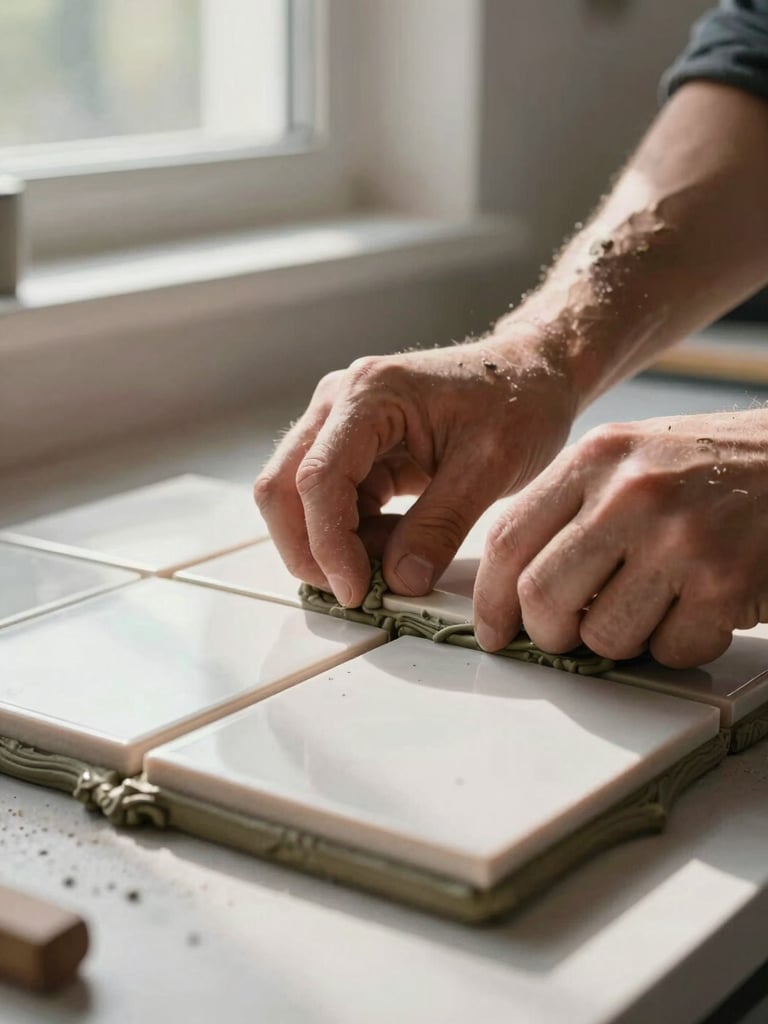 Tight close-up of a craftsman's hands pressing a hand-cut tile into fresh mortar on a kitchen backsplash, natural north-facing window light raking across the surface, mortar texture visible at the edges, no gloves, deliberate placement visible
