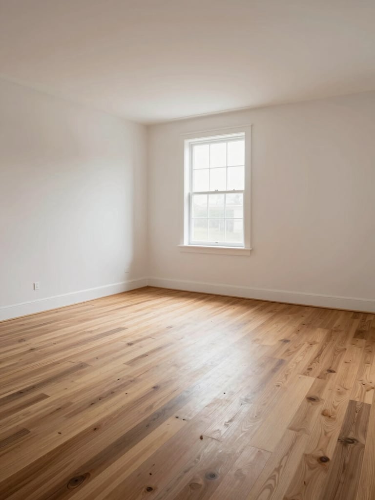 Wide establishing shot of a fully renovated interior — hardwood floors, clean plaster walls, north-facing window light casting even illumination across the room, no furniture, no staging, architectural detail at the baseboard transition visible