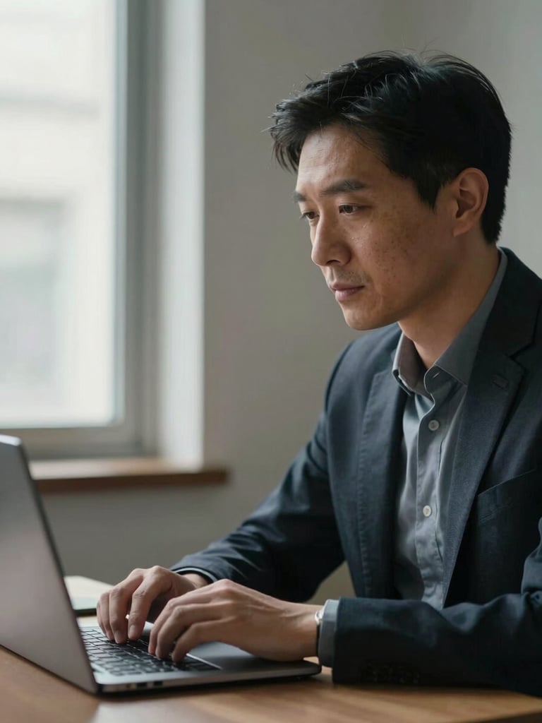 Close-up portrait-orientation photo of a professional in their mid-thirties seated at a desk with a laptop open showing a threat-analysis interface, hands resting on the keyboard, ordinary office window light from the left, calm and focused expression, no dramatic staging