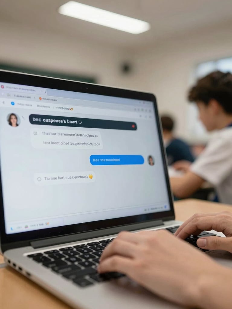 Close-up of a laptop screen in a school classroom showing a chat interface with a flagged suspicious message, hands of an adult and a teenager both visible on the keyboard, overhead fluorescent light, ordinary classroom setting, documentary framing
