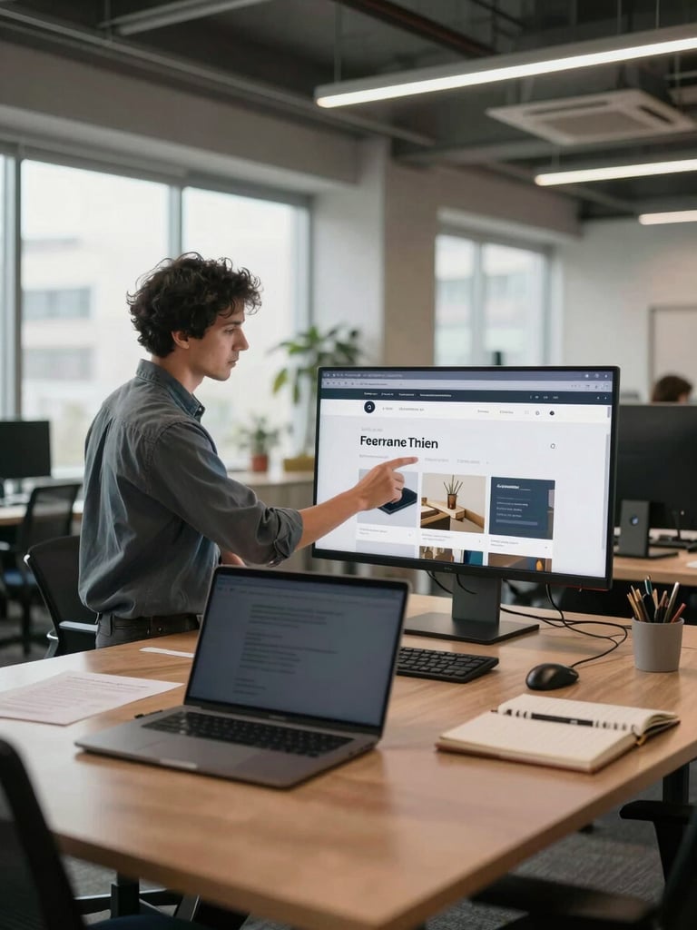 Wide panoramic workspace shot, a founder at a standing desk reviewing a freshly launched website on a large monitor, open floor plan office, natural light from left, laptop and notebook visible in foreground