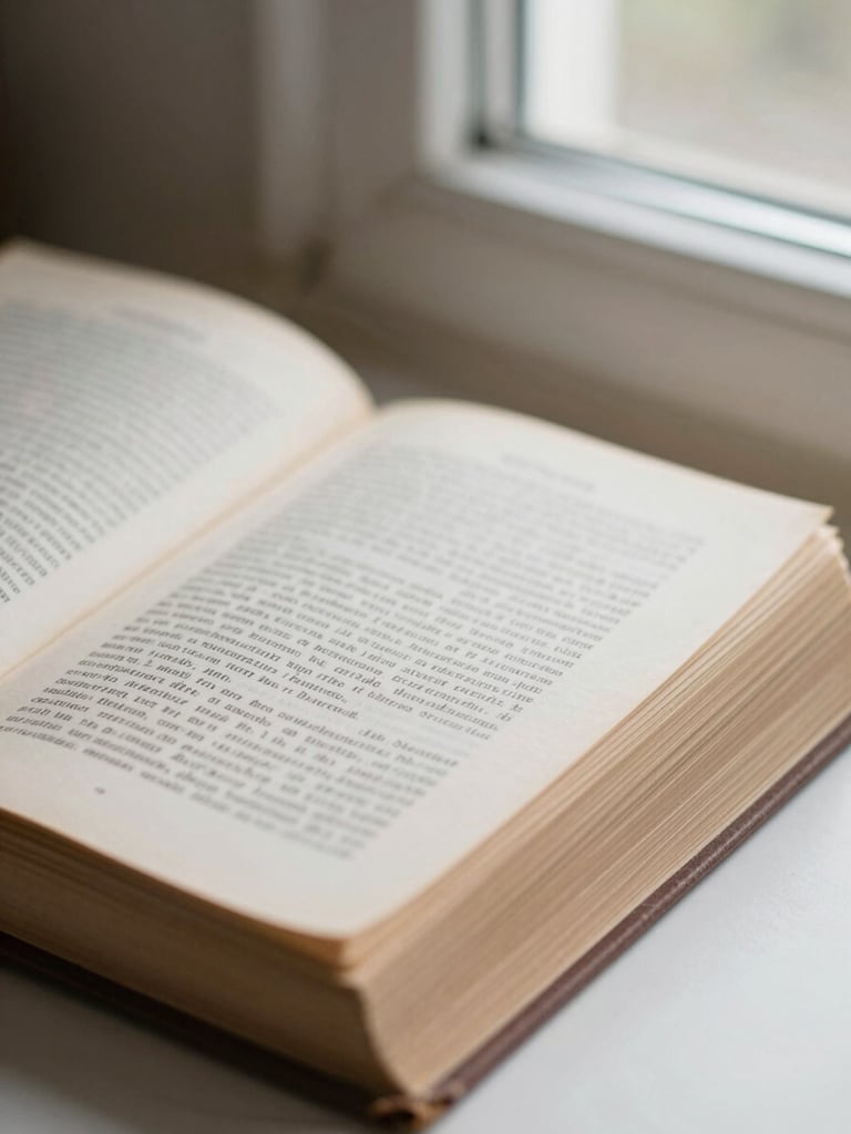An elegant close-up of vintage printed pages and physical book textures under soft, natural window light, shallow depth of field, 35mm.
