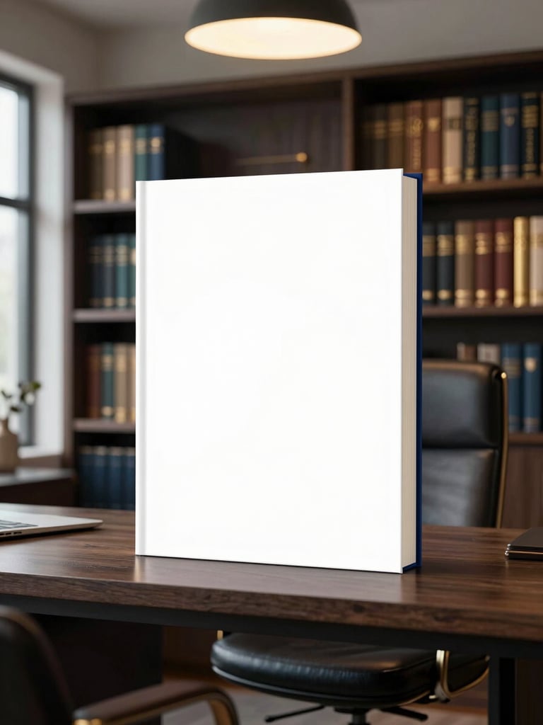 A sophisticated editorial office with bookshelves, a leather chair, soft window lighting, warm gold highlights, professional and serene atmosphere, 85mm