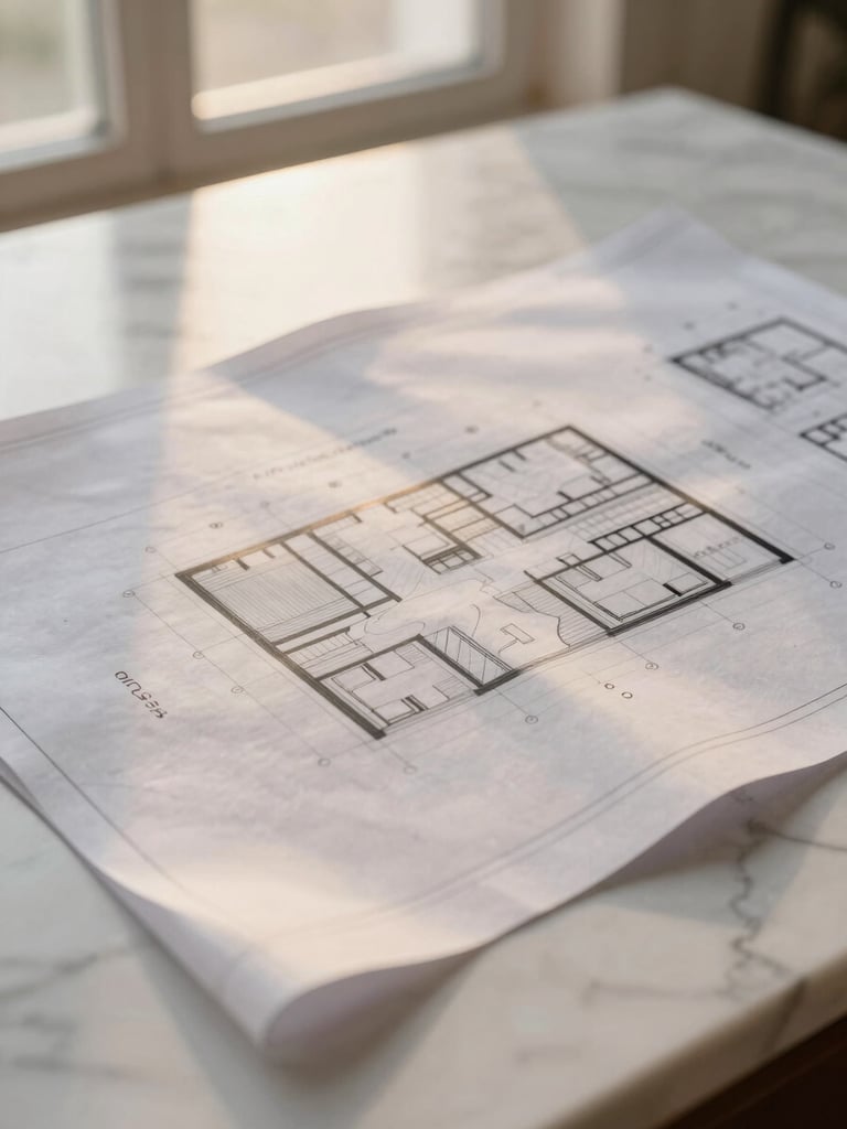 Tight macro shot of architectural blueprints laid flat on a heavy white marble table, soft morning window light highlighting raw paper texture