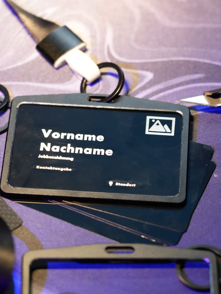 Customized black business ID card in a holder with a neck lanyard on a purple surface.