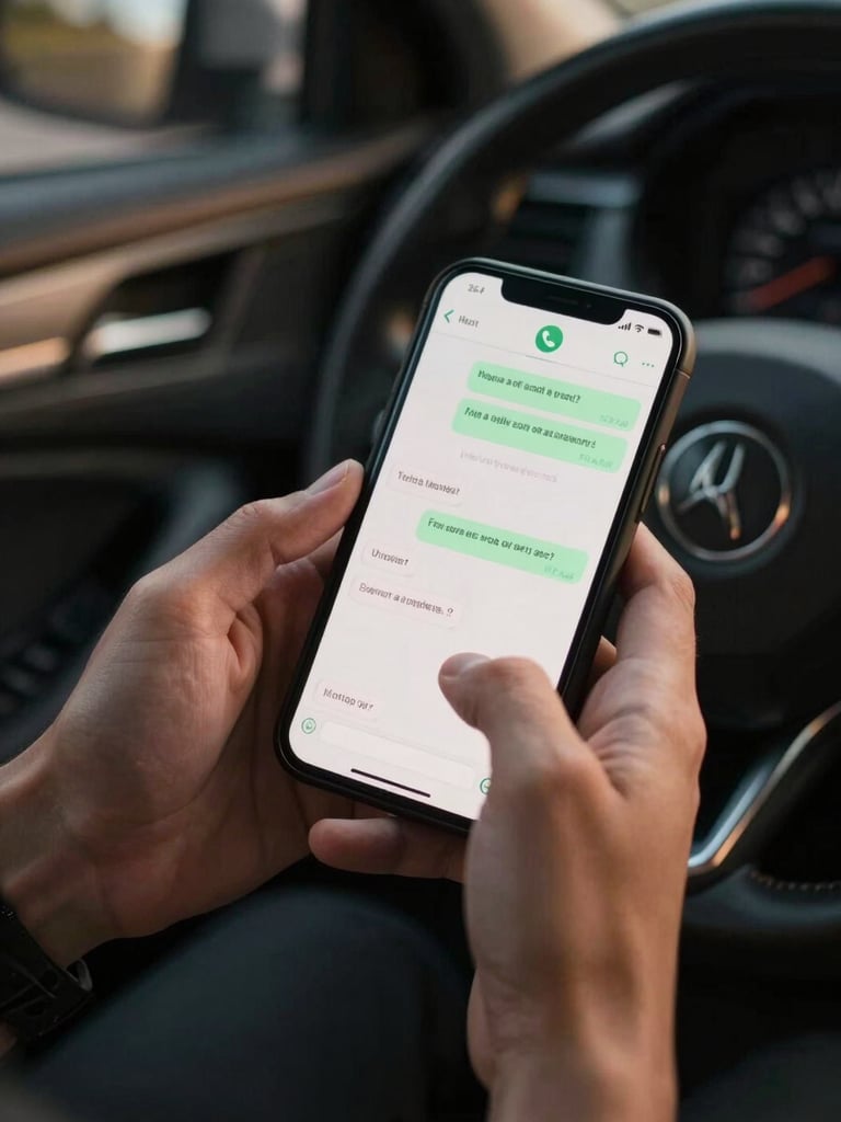 Close-up overhead view of a driver's hands holding a smartphone screen showing a WhatsApp chat window with a short message, warm amber ambient light from a car interior, dark leather seat visible at the edges