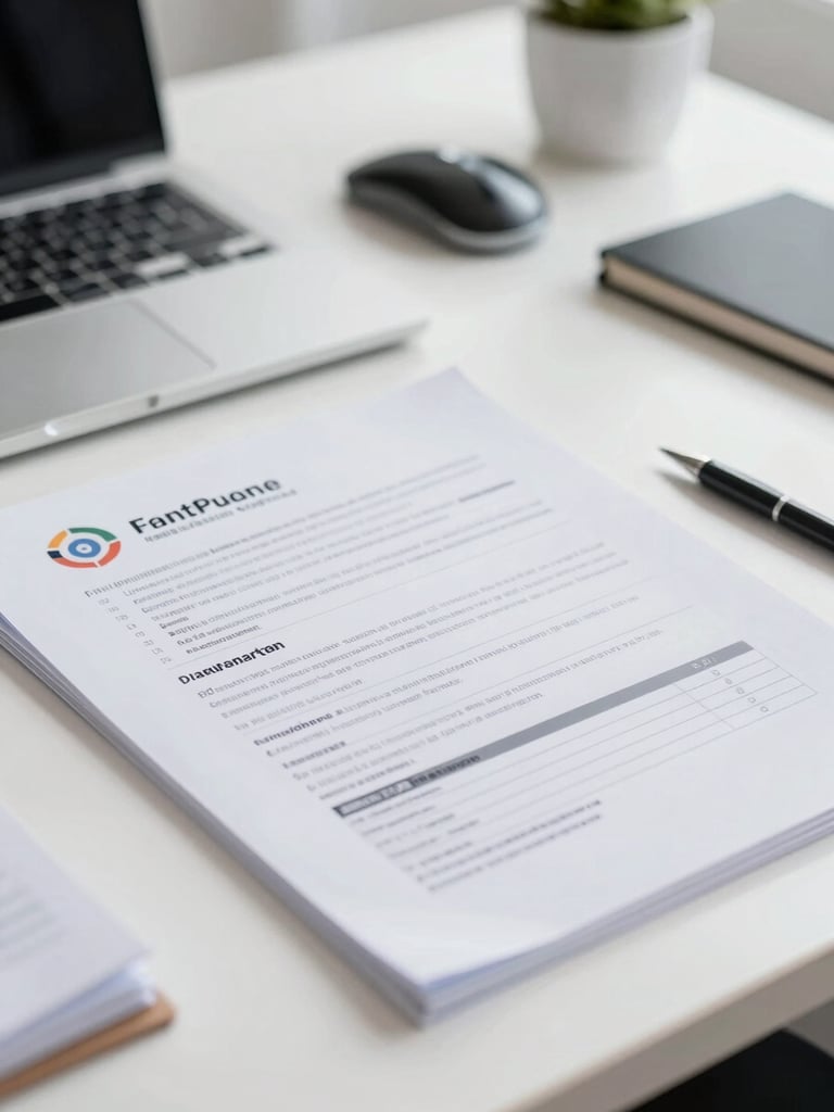 Professional close-up of vehicle documents and a clean desk in a bright Indonesian finance office, natural daylight, realistic, 35mm