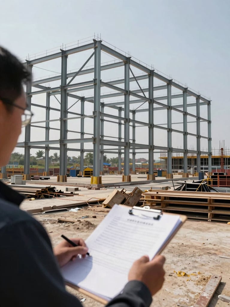 Wide view from inside a large construction site, steel framework rising in the background, a figure in the foreground reviewing documents on a clipboard, even daylight, documentary framing