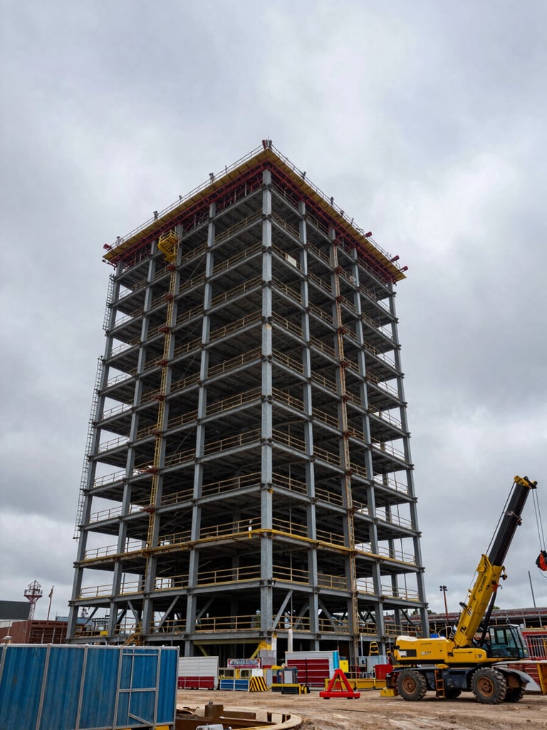 Wide environmental shot of a large UK infrastructure construction site, steel superstructure rising against an overcast sky, site hoardings and plant machinery visible in the right foreground, generous grey sky above