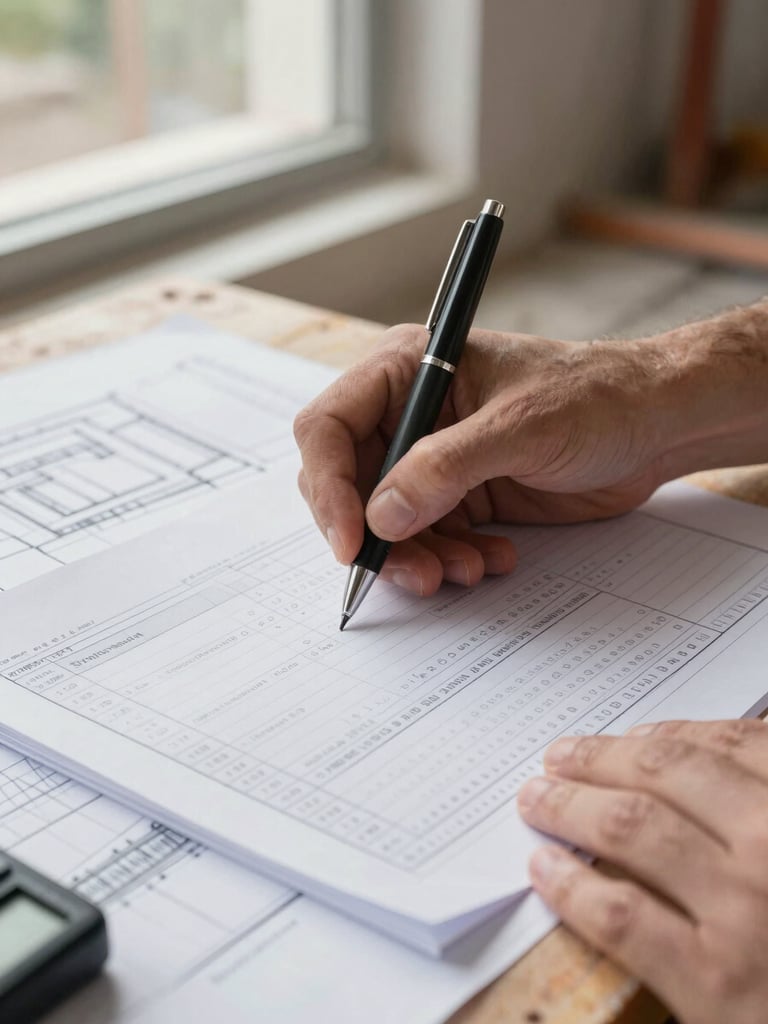 Close-up of hands on a construction site reviewing a printed cost schedule spread across a site table, pen in hand, natural daylight from a window to the left, structural drawings visible underneath, clean and focused
