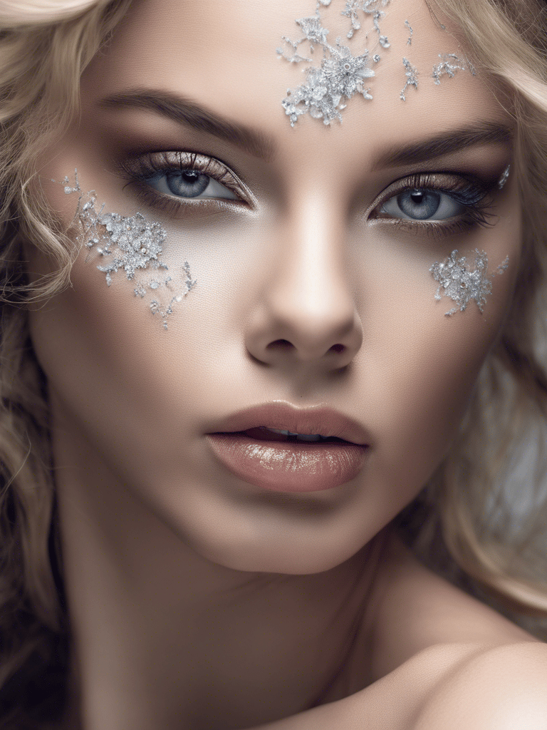 a very beautiful woman with a snowflake makeup on her face