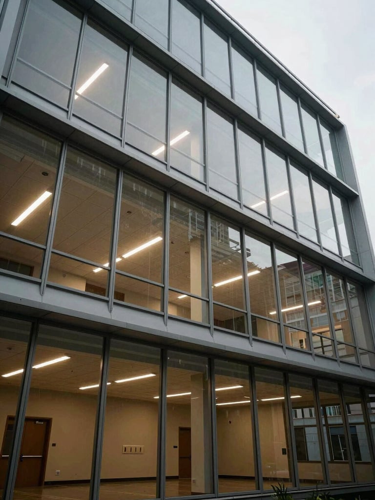 Wide shot from outside looking in through full-height glazing of a completed multi-storey administrative building interior — visible ceiling grids, open floors, fluorescent lighting at each level, steel structure at the perimeter, natural overcast light, no people