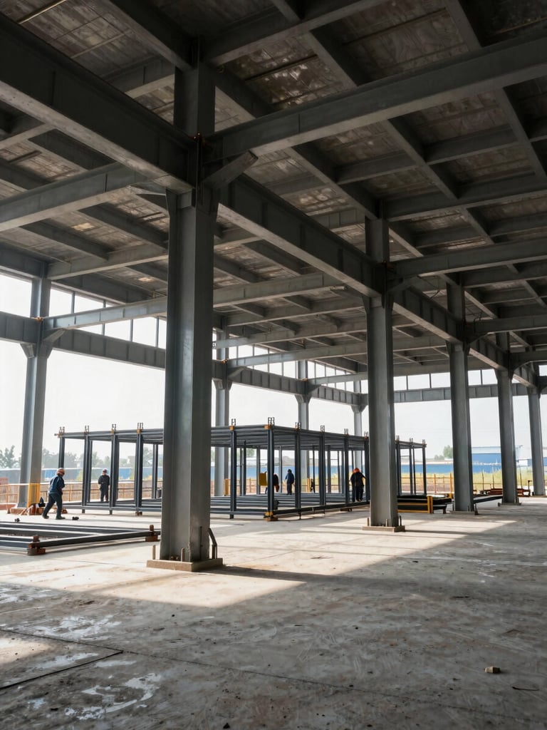 Wide shot from ground level inside a large industrial building under construction — steel structural columns and cross-beams rising to a high ceiling, workers in hard hats installing metal framework in the background, raw concrete floor, bright natural light streaming through open facade openings, technical precision and scale evident