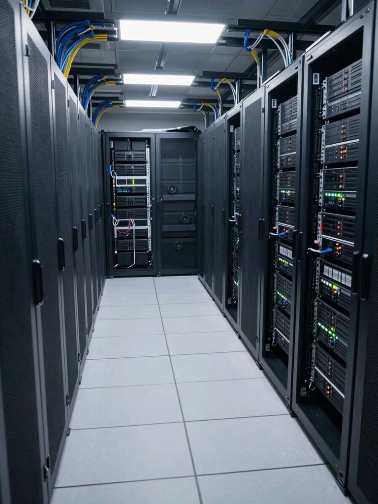 Wide environmental shot inside a completed server room — raised floor tiles, full equipment racks in rows, overhead cable management trays, cool white LED lighting, no personnel, clean technical finish throughout