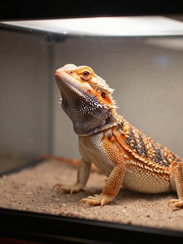 Close-up of a bearded dragon basking under a heat lamp in a clean, spacious terrarium, soft natural daylight, shallow depth of field, authentic