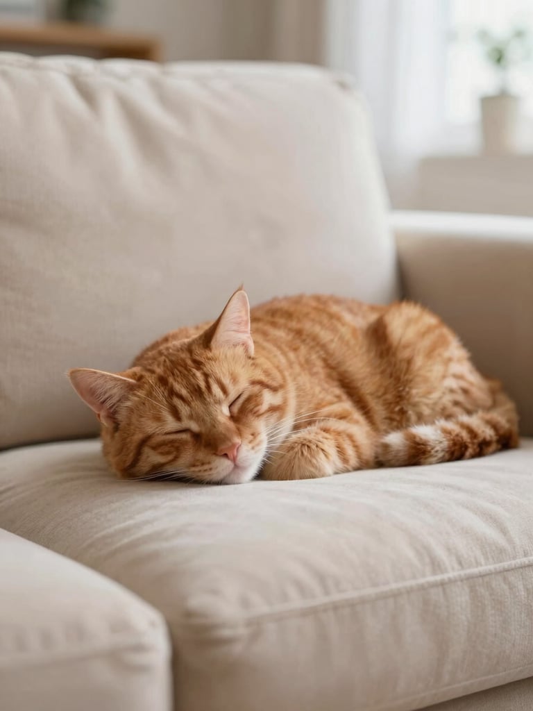 Calm ginger cat sleeping peacefully on a cream sofa in a cozy Radcliffe home, soft natural daylight, shallow depth of field, authentic