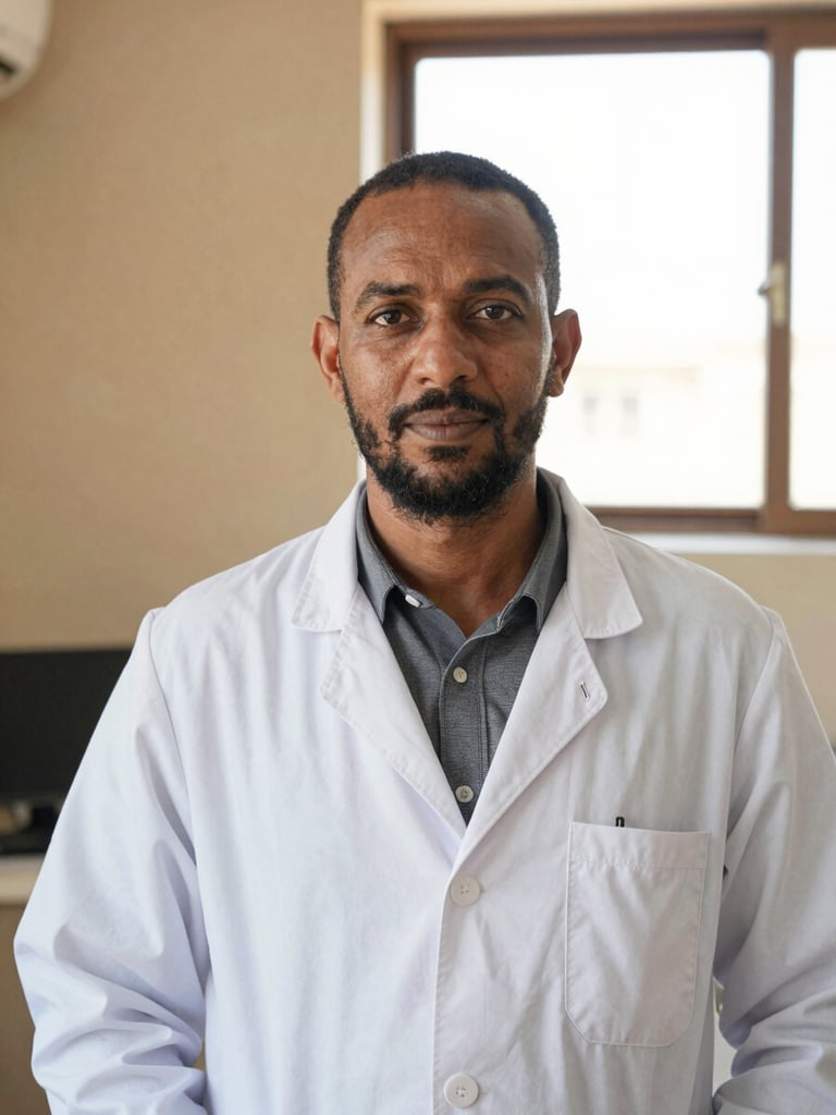 Environmental portrait of Dr. Adan Abdirahman Mohamed in a clean, professional clinic office in Baidoa, warm natural window light, dignified and authoritative look