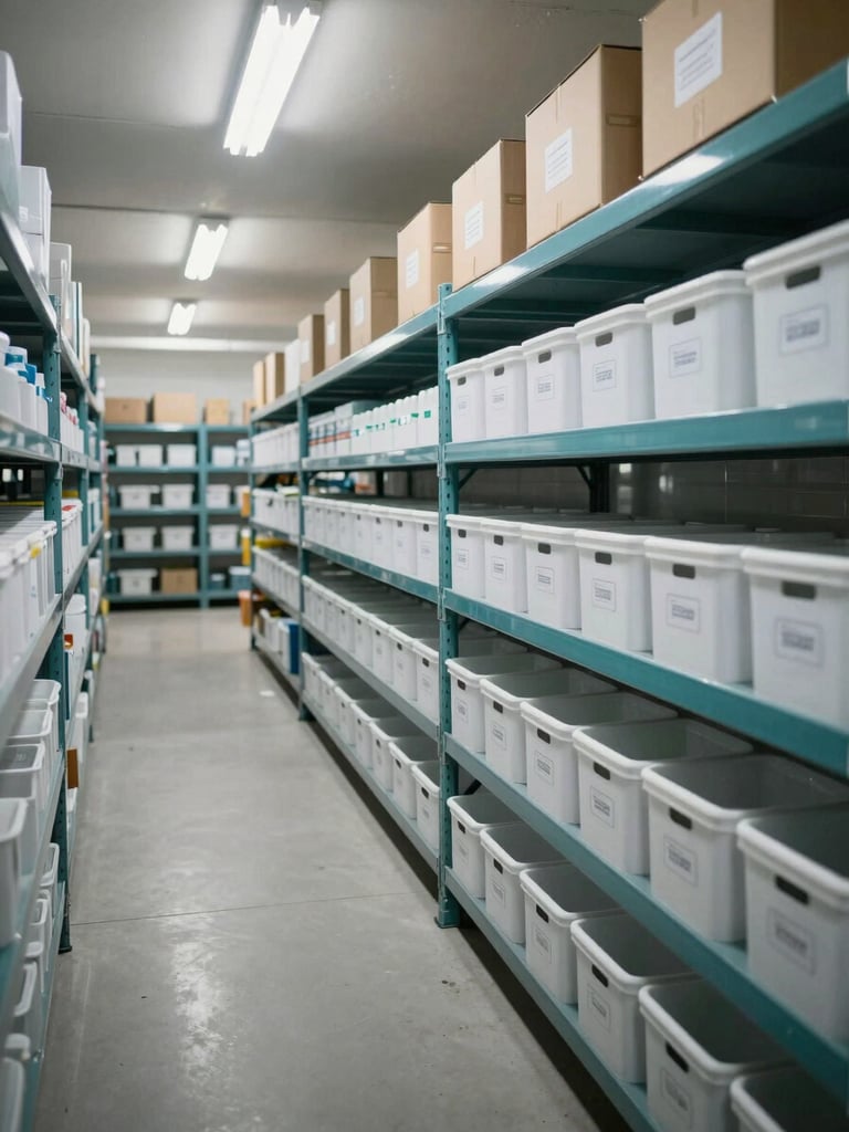 Wide interior shot of a climate-controlled storage facility, metal shelving units lined with clearly labeled boxes and numbered bins stretching into the background, clean overhead fluorescent lighting showing organized rows, no people, cool teal accent on shelf frames
