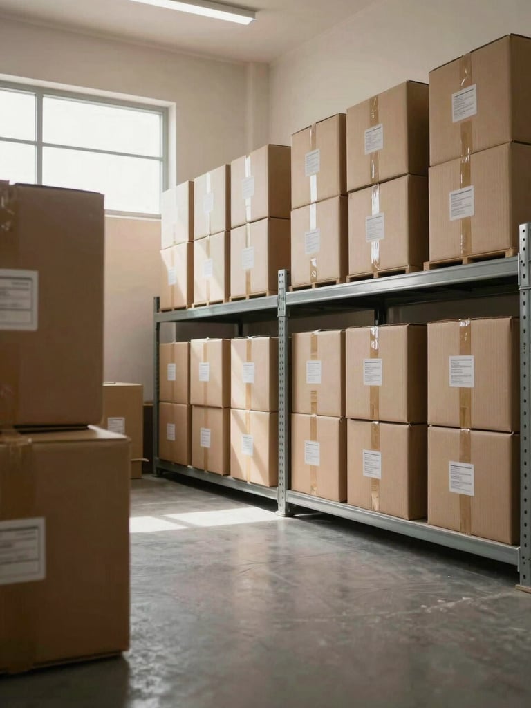 Wide interior of a Dubai moving operation — neatly stacked labeled cardboard boxes with inventory tags visible on their sides, organized on shelving under even daylight from high warehouse windows, warm neutral tones, photographed from a low-angle wide shot showing the full depth of the room