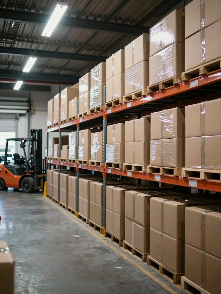 Wide shot inside a Brazilian auto parts warehouse, rows of sealed cardboard boxes stacked on steel shelving to the right, fluorescent overhead lighting casting flat honest light, a forklift partially visible in the background, no people — operational and ready-to-ship
