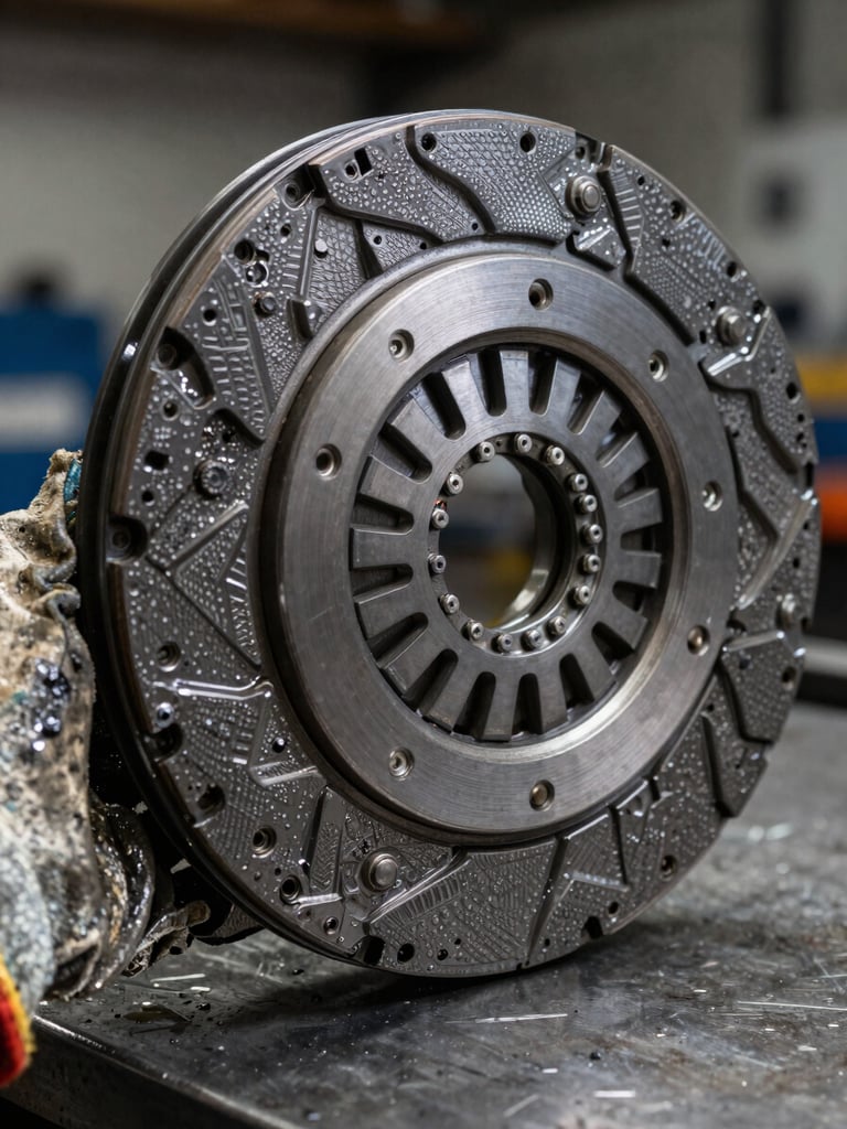 Extreme close-up of a remanufactured clutch disc assembly resting on a steel workshop bench, hard studio strobe light from the left revealing every machined surface detail, grease-stained work gloves partially visible at the edge, dark background