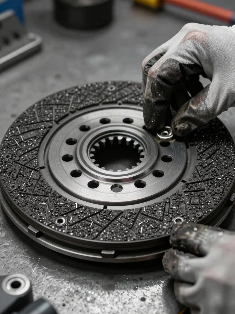 Extreme close-up of a remanufactured clutch disc on a steel workbench, hands in work gloves positioning the component, flat studio strobe light revealing surface texture and friction material detail, no background distractions