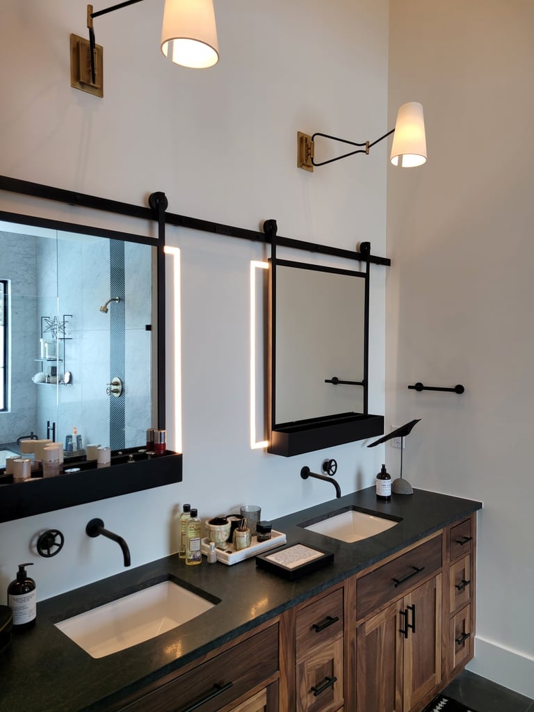 a bathroom dark stain wood cabinets, expert painter applying custom finish Denver