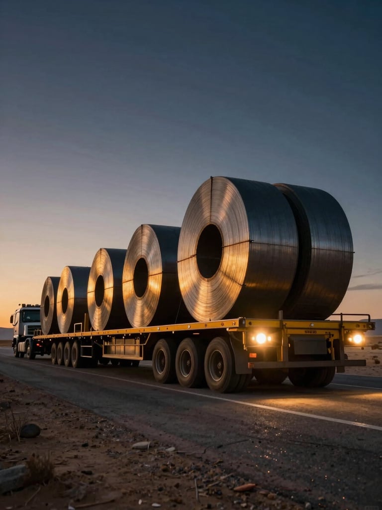 Low-angle heroic shot of heavy flatbed trucks carrying industrial steel coils across a desert highway at twilight, warm gold headlights, dramatic cinematic lighting.