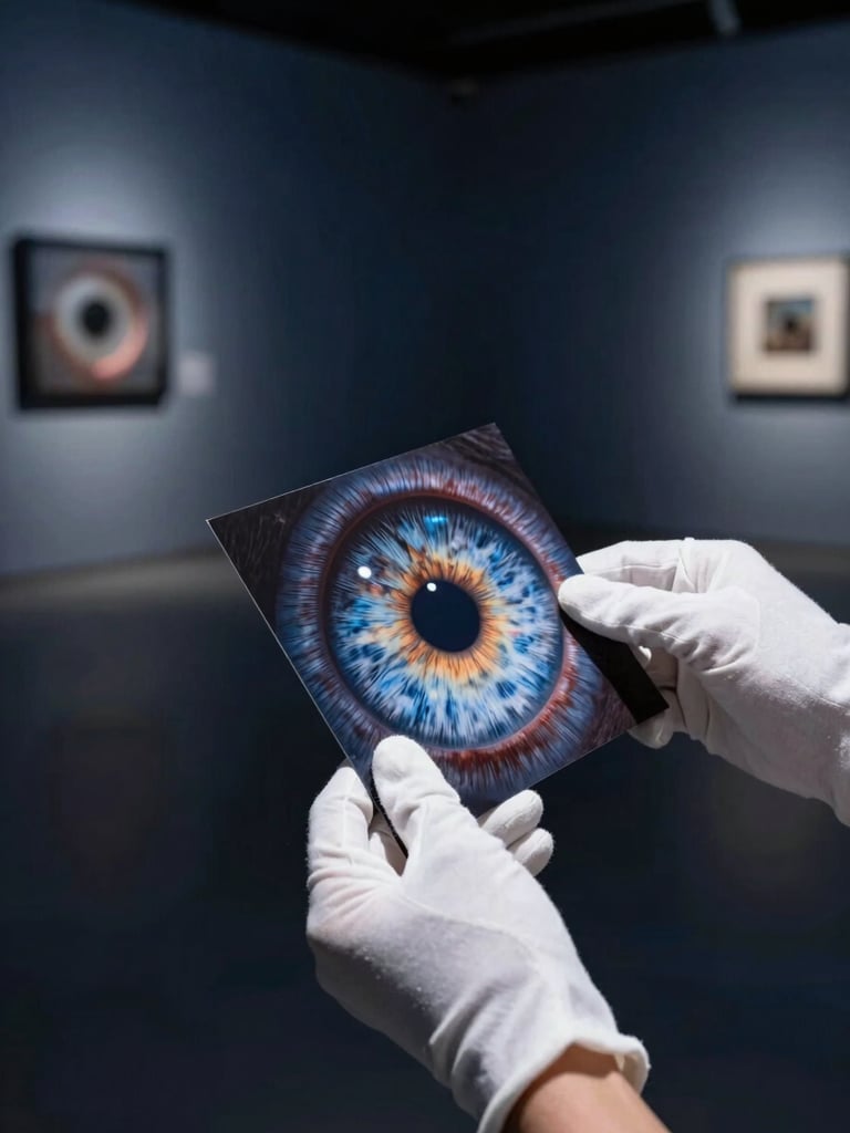 Hands of an art photographer wearing white cotton gloves, carefully inspecting a high-definition macro print of a human iris under a soft studio light, minimalist gallery background