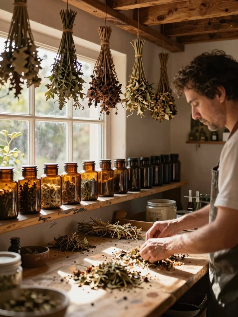 Wide environmental shot of a practitioner's workspace — bundles of dried herbs hanging from wooden ceiling beams, amber glass jars lined on a worn shelf, natural window light falling across a preparation table, hands sorting plant material in the foreground, warm afternoon glow
