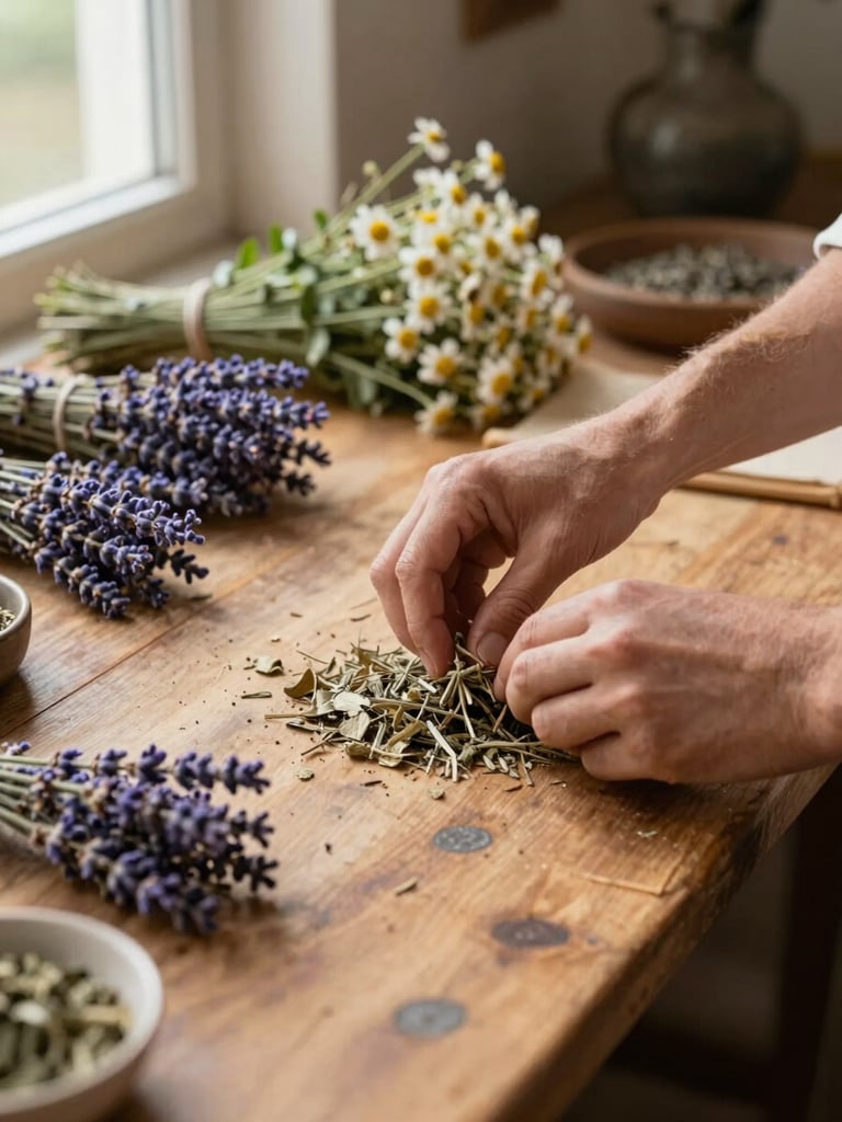 Close environmental shot, left-bleed framing — a practitioner's hands arranging dried herbs on a worn wooden workbench, natural window light falling from the left, bundles of lavender and chamomile visible in soft focus behind, warm golden undertones, documentary weight