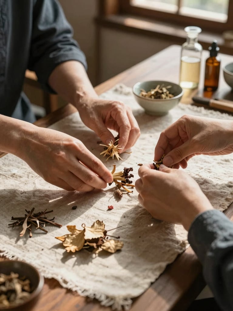 Close environmental shot of a herbalist's preparation table, hands arranging dried botanical specimens on worn linen cloth, late afternoon window light casting long shadows, small ceramic bowls and glass vials in soft background focus
