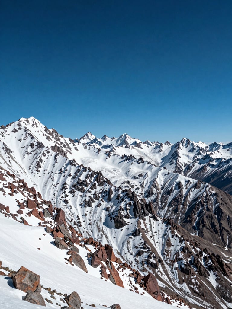 Wide panoramic Andean ridgeline at midday, snow-dusted peaks stretching left to right across the frame, deep cobalt sky above, ochre and grey rock faces in the lower third, no people visible, high-altitude clarity, sharp shadows on snow