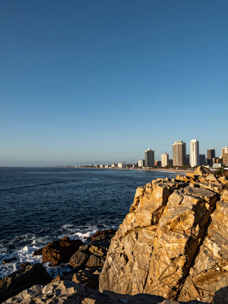Wide panoramic view from a rocky coastal promontory at Viña del Mar, Pacific Ocean stretching to the left horizon under a deep blue midday sky, golden rock face in the foreground right third, no people, sharp high-contrast Chilean coastal light