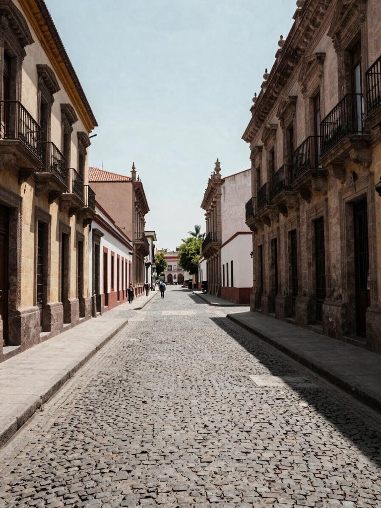 Wide environmental shot of a street in Santiago historic center, colonial stone buildings lining a narrow cobblestone street, midday light casting hard shadows, a few pedestrians at distance providing scale, deep perspective into the frame