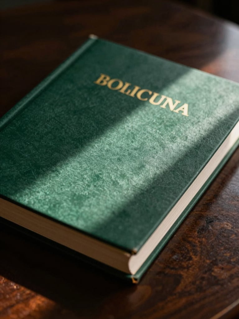 Close-up of a heavy bound legal brief on a dark mahogany table, dramatic side-lighting, deep green shadow casting across the paper texture, 35mm film.