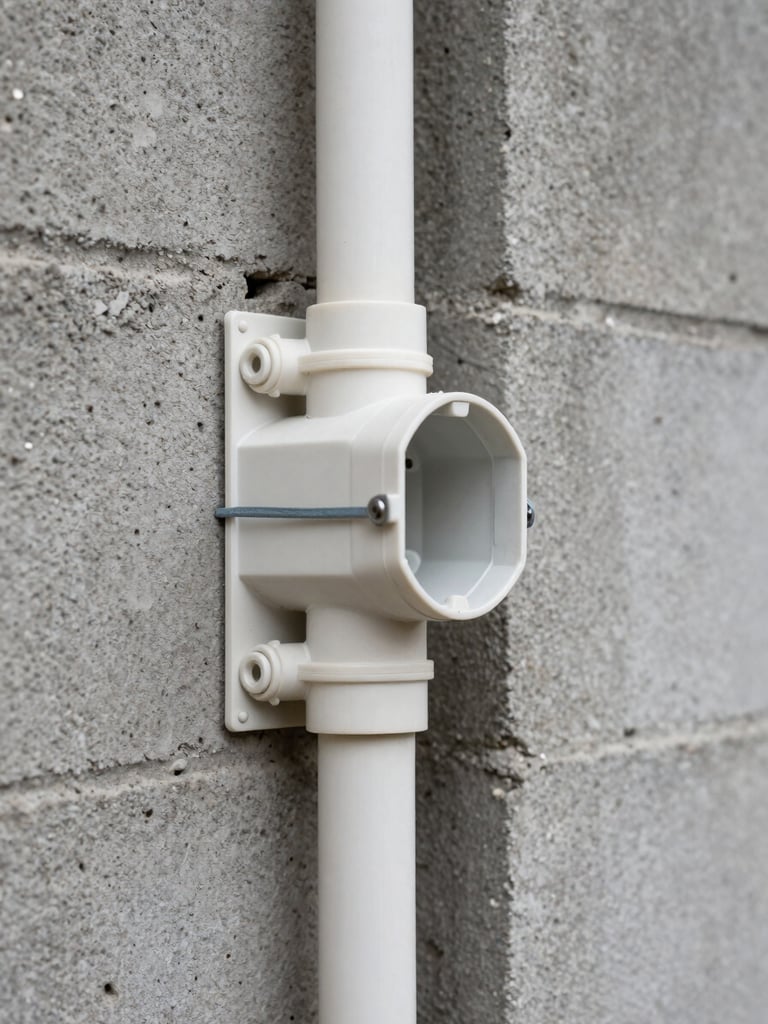 Extreme close-up of a finished electrical conduit run along a concrete block wall in Mexico, PVC conduit carefully strapped and aligned, junction box cover plate level and flush, overcast daylight revealing installation precision