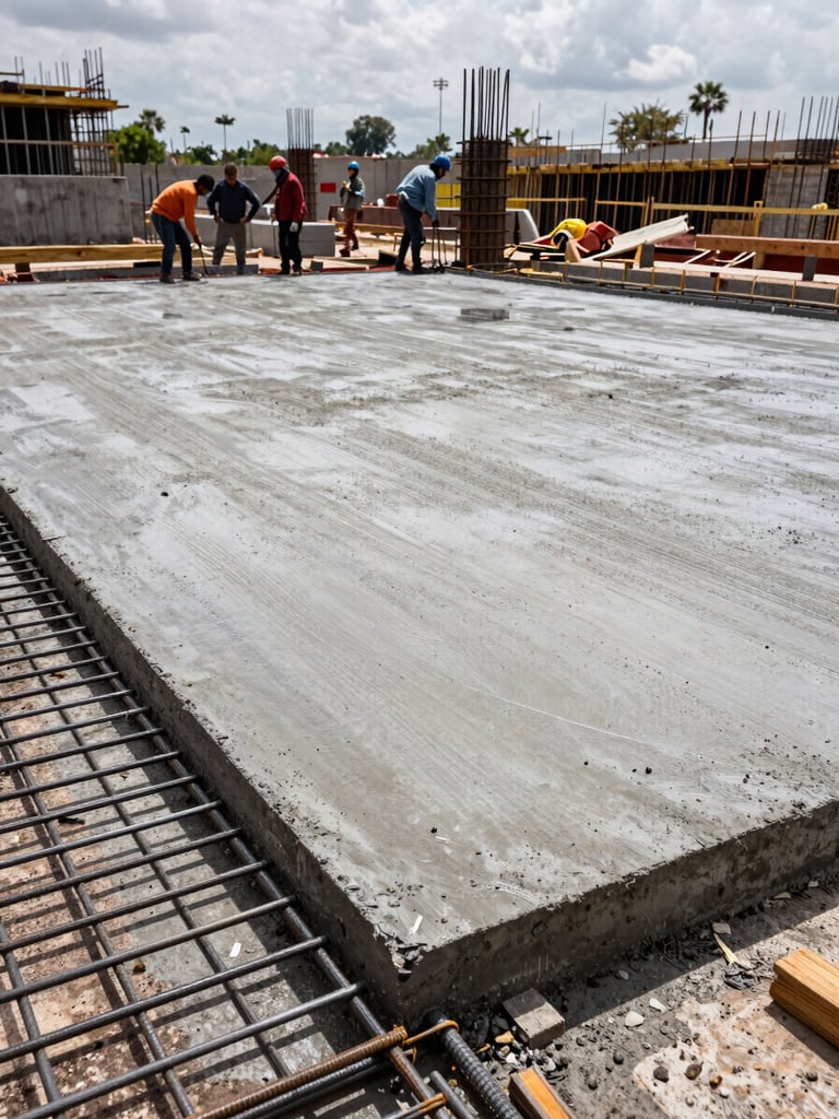 Wide shot of an active construction site in Mexico, freshly poured concrete slab in the foreground with steel rebar mesh visible, workers in the background setting formwork, overcast daylight revealing material texture and structural precision
