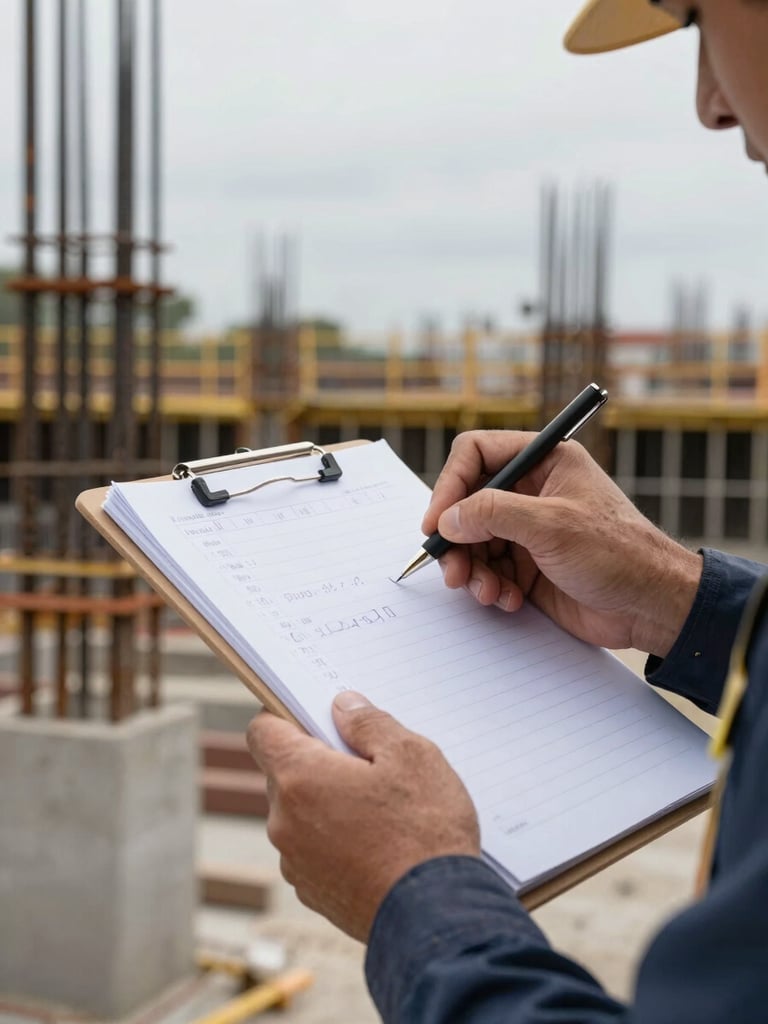 Tall vertical shot of a construction worker's hands writing in a site logbook on a clipboard, rebar and concrete structure visible in background, overcast natural daylight, detail-focused framing