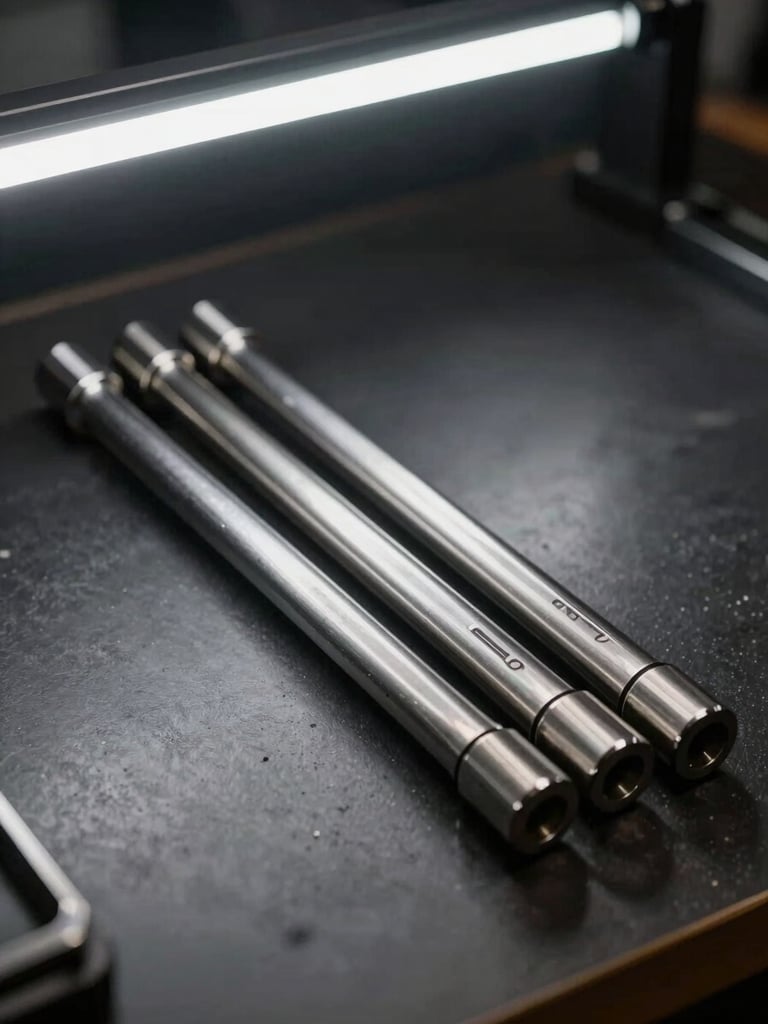 A set of highly polished custom PDR steel rods resting on a clean black workbench, illuminated by a sharp linear LED light source from above.