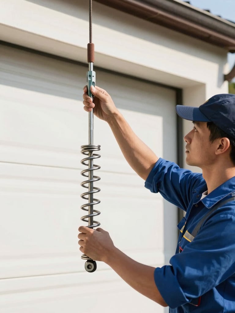 Professional garage door technician in safety gear adjusting a heavy steel spring with winding bars, sharp mechanical focus, bright daylight, 35mm