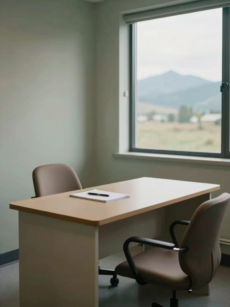 Environmental wide shot of a clinical consultation room interior — a desk, two chairs, a window with soft overcast Montana daylight, a notepad and pen on the desk, muted sage and taupe tones, no people present, documentary framing