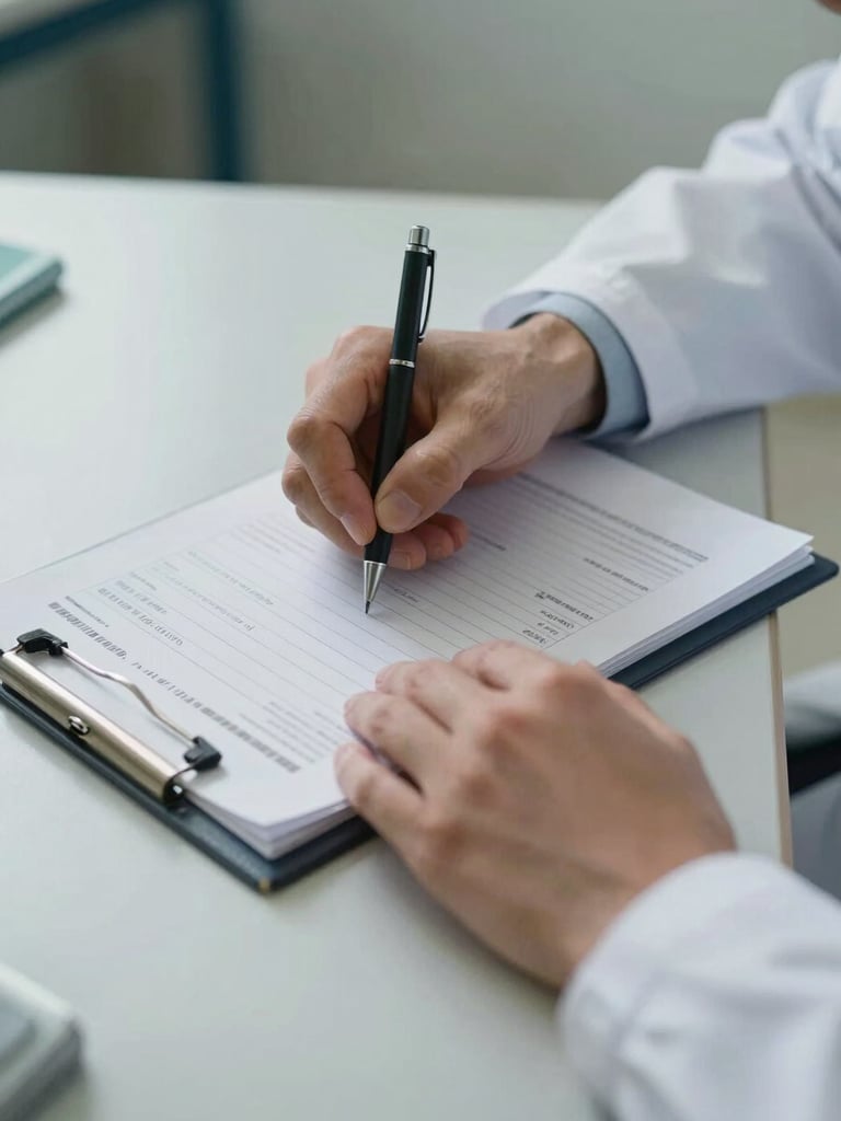 Close-up of a doctor's hands reviewing a patient chart at a desk, prescription pad visible, soft overhead clinical lighting, clean surface, no faces, documentary detail shot